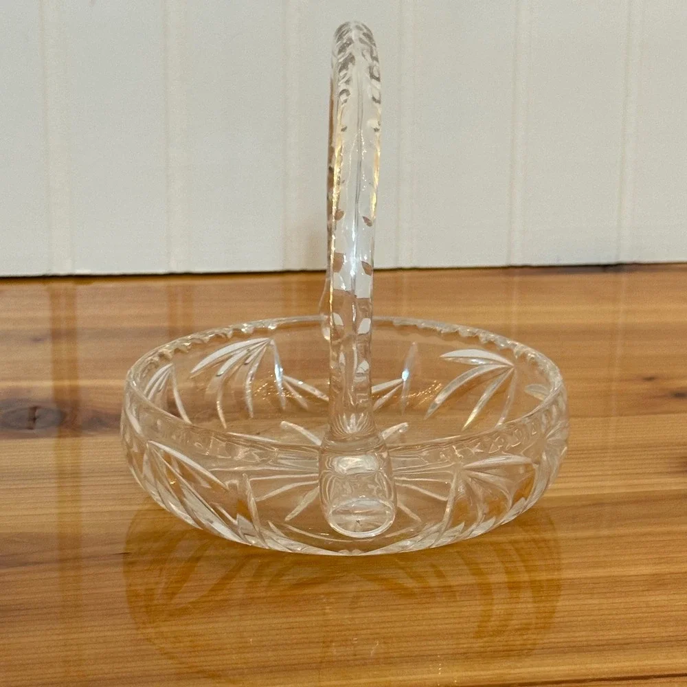 Vintage Cut Glass Basket Home Decor Clear Excellent Starburst Fan Pattern